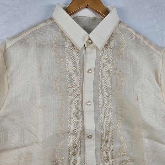 The Unbranded Brand Other - Barong Tagalog Filipino Formal Dress Shirt Men L 44" Sheer Embroidered Button Up